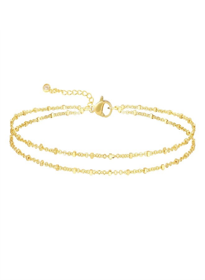 MIDEEO Gold/Silver Ankle Bracelets for Women,14K Gold Anklets for Women Waterproof Cuban Link Heart Beads Herringbone Rhinestone Anklets Set Layered Anklet Bracelets Gold Jewelry Gift - Image 1